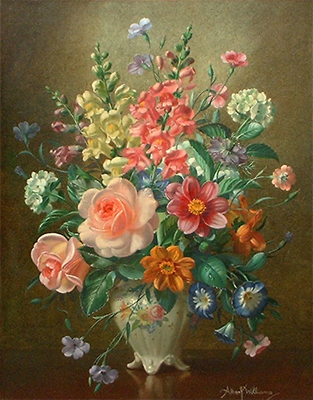 Albert Williams: Roses, Dahlias and Mixed Summer Blooms in a Vase