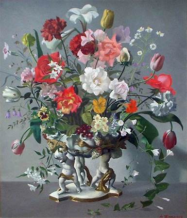 Anna Zinkeisen: Flowers in a Porcelain Figure Vase