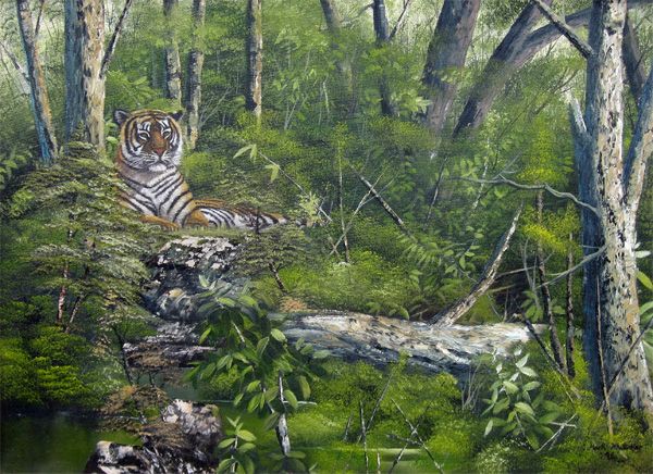 Mark Whittaker: Recumbent Tiger in a Forest