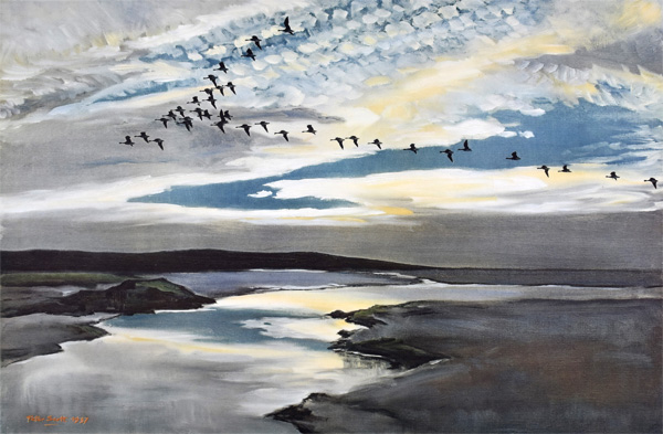 Peter Scott: Brent Geese Flighting Under a Mackerel Sky